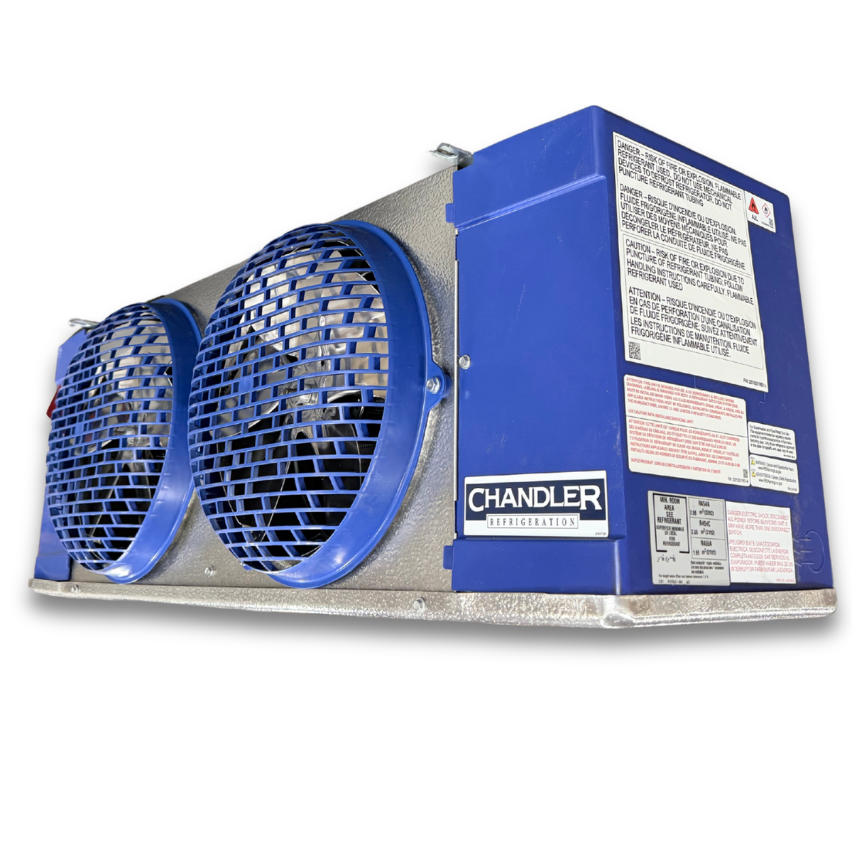 New 3 HP Low Temp System, 1 phase 208-230 volt — supplier gallery view 5; Blue/gray evaporator with two fans front side view showing labels.
