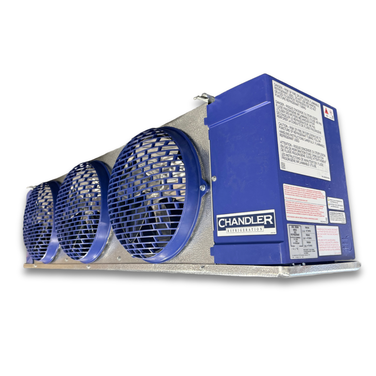 New 3.5 HP Low Temp System, 1 phase 208-230 volt — supplier gallery view 5; Blue/gray evaporator with three fans front side view showing labels.
