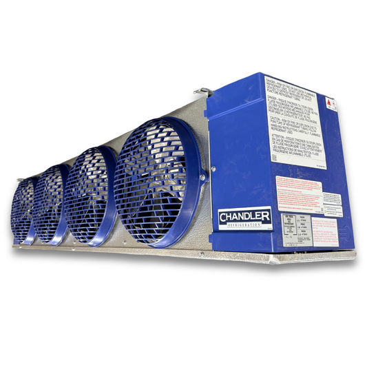 Chandler HEL0170BS6EMAB0000 Electric Defrost Evaporator — supplier gallery view 1; Blue/gray evaporator with four fans front side view showing labels.