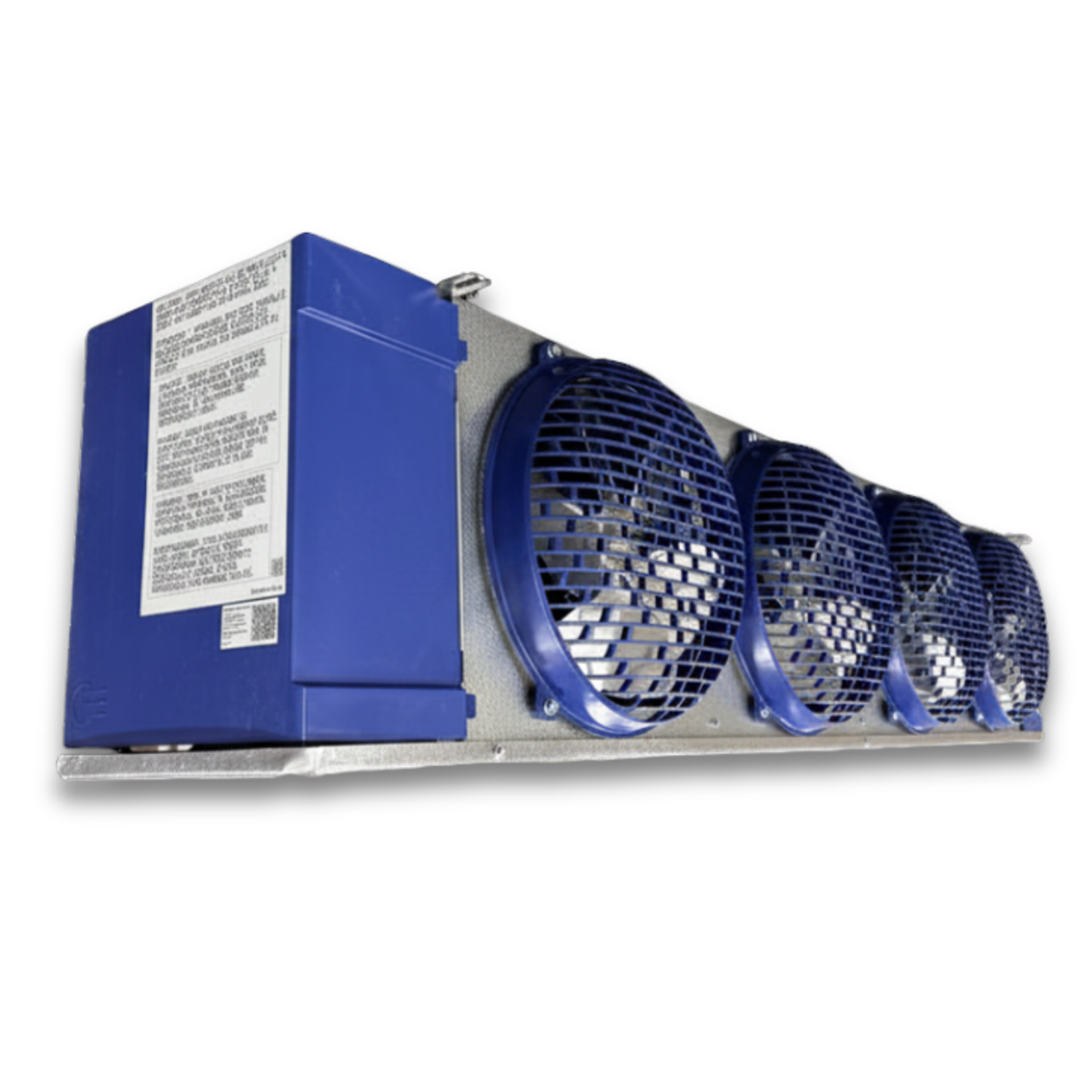 Chandler HEL0170BS6EMAB0000 Electric Defrost Evaporator — supplier gallery view 3; Blue/gray evaporator with four fans front side view showing labels.