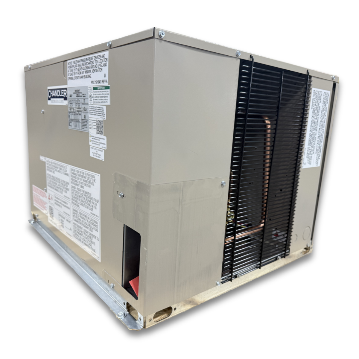 Chandler HCH0005MBACYA0000 0.5 HP Medium Temp Condensing Unit — supplier gallery view 1; Beige condensing unit with side front view showing labels