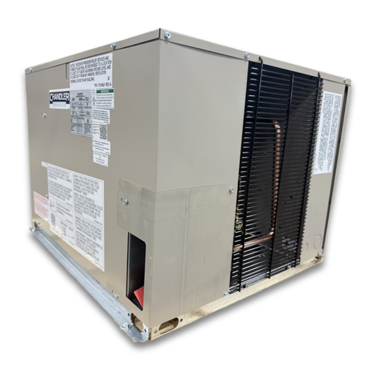 Chandler HCH0005MBACYA0000 0.5 HP Medium Temp Condensing Unit — supplier gallery view 1; Beige condensing unit with side front view showing labels