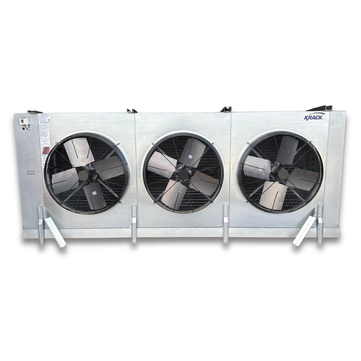 Krack SMD36E-1225RVMM Electric Defrost Evaporator — supplier gallery view 2; Silver evaporator with 3 fans front view.