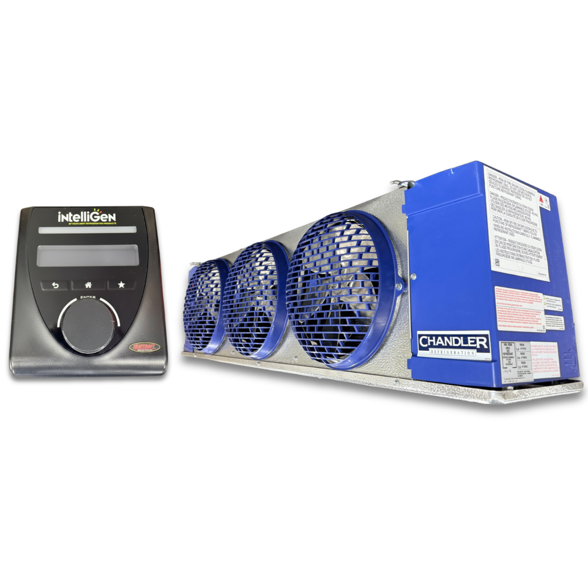 Chandler HEL0155AY6AMAG0210 Air Defrost Evaporator with IntelliGen — supplier gallery view 1; Blue/gray evaporator with three fans front side view showing labels with IntelliGen Controller.