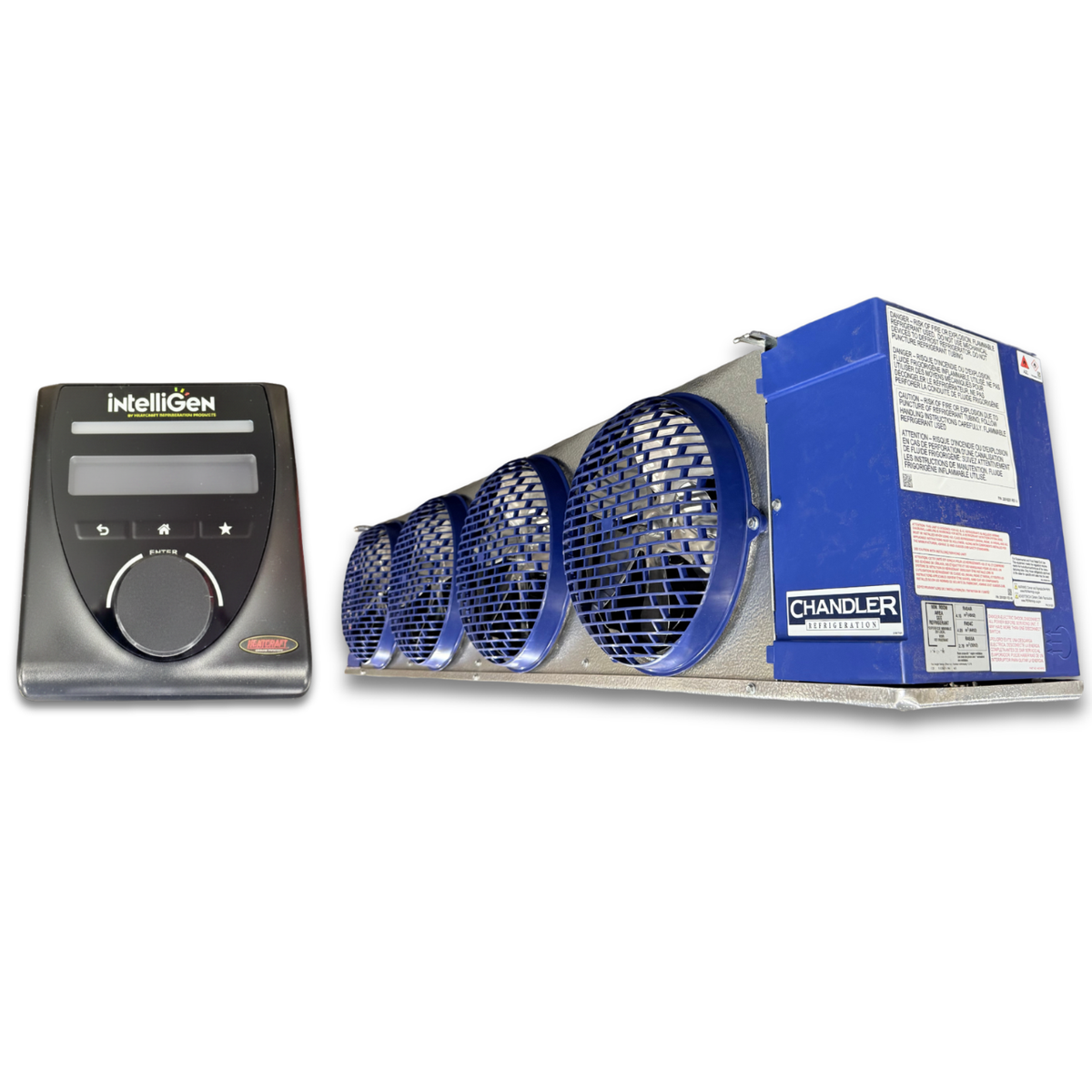 Chandler HEL0170BY6EMAG0210 Electric Defrost Evaporator with IntelliGen — supplier gallery view 1; Blue/gray evaporator with four fans front side view showing labels with IntelliGen Controller.