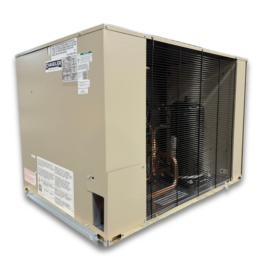 Chandler HCH0055MCACYA0000 5.5 HP Medium Temp Condensing Unit — supplier gallery view 1; Beige condensing unit with front side view showing labels.