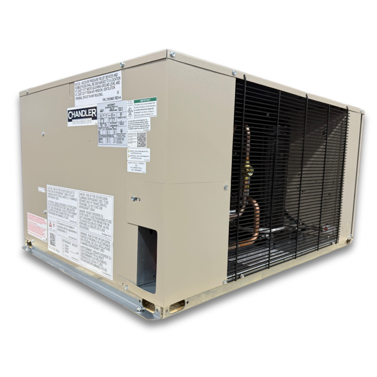 New 3.5 HP Low Temp System, 1 phase 208-230 volt — supplier gallery view 2; Beige condensing unit front side view showing labels.