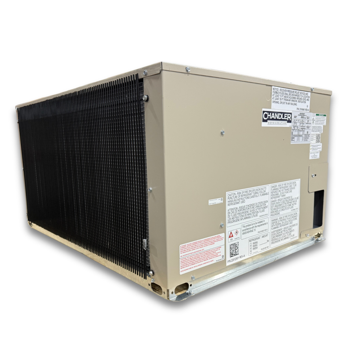 Chandler HCH0035LBACYA0000 3.5 HP Low Temp Condensing Unit — supplier gallery view 5; Beige condensing side back view of unit.