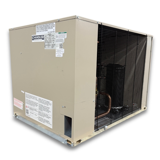 Chandler HCH0050MCACYA0000 5 HP Medium Temp Condensing Unit — supplier gallery view 1; Beige condensing unit with front side view showing labels.
