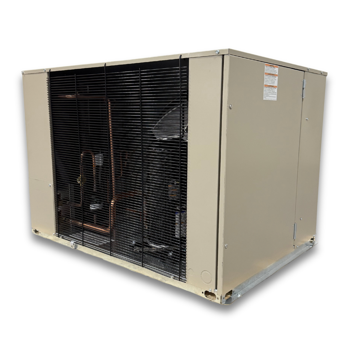 Chandler HCH0050MCACYA0000 5 HP Medium Temp Condensing Unit — supplier gallery view 3; Beige condensing unit with side front view showing labels.