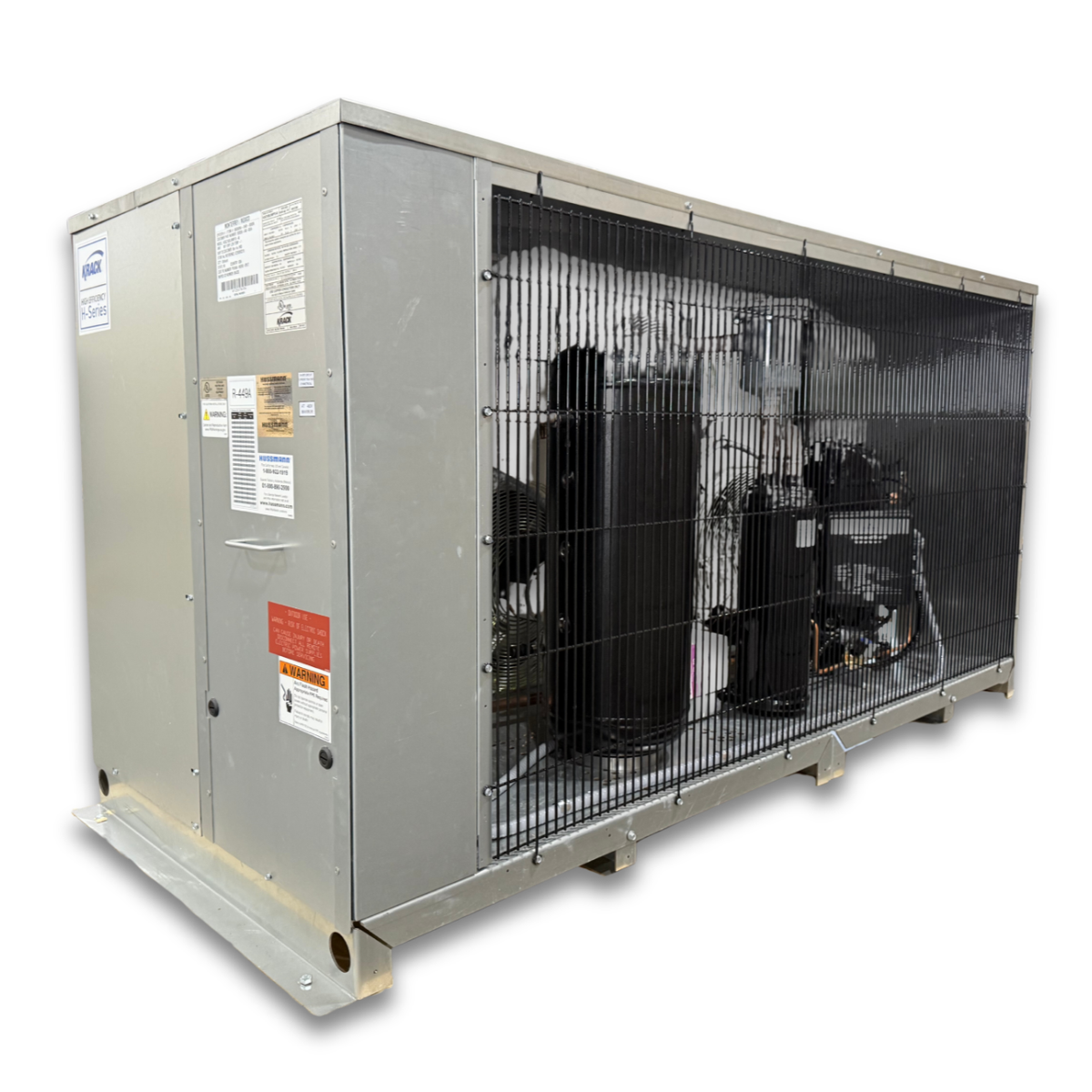 Krack HDSZ-1000LRM FF-D 10 HP Low Temp Condensing Unit — supplier gallery view 1; Gray condensing unit with front side view showing labels.