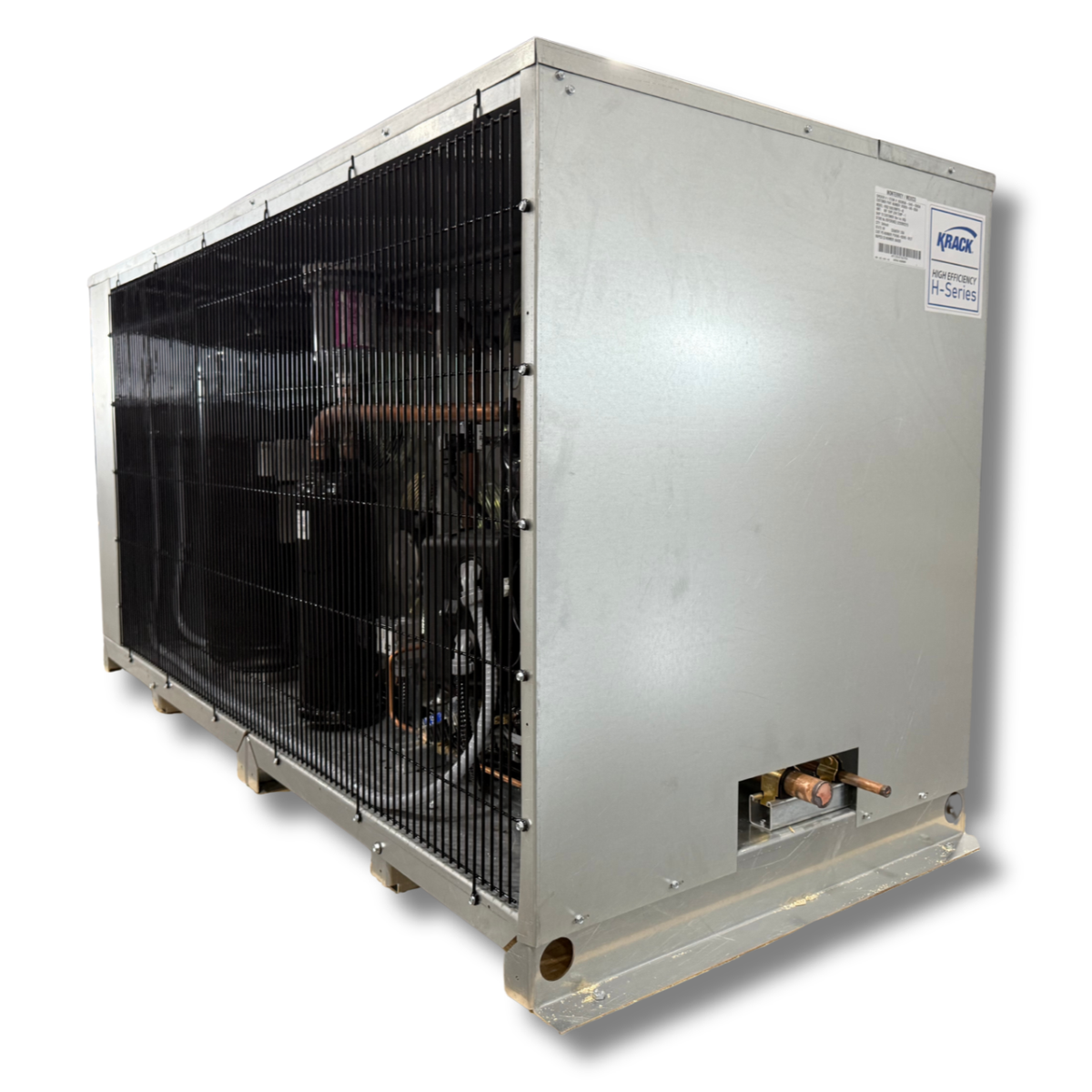 Krack HDSZ-1000LRM FF-D 10 HP Low Temp Condensing Unit — supplier gallery view 3; Gray condensing unit with front side view showing labels.