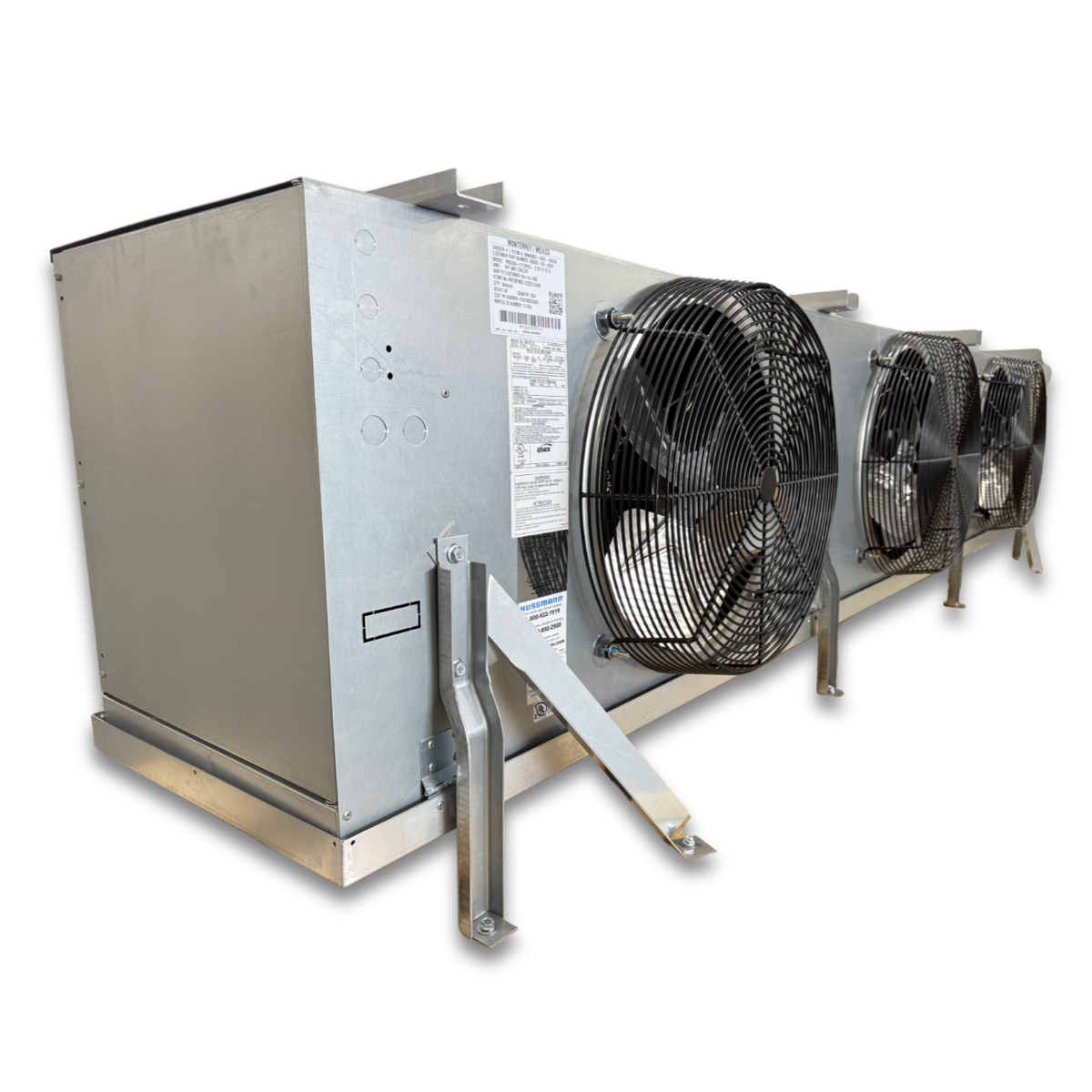 Krack MSD36A-0712RVB Air Defrost Evaporator — supplier gallery view 3; Silver evaporator with three front side view showing labels.