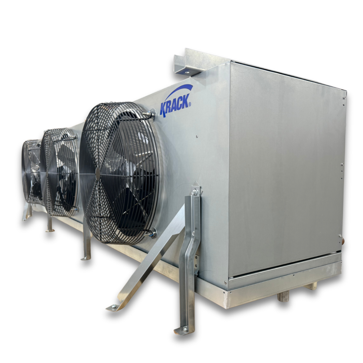 New 15 HP Medium Temp System, 3 phase 460 volt — supplier gallery view 5; Gray evaporator with three fans front side view showing labels.