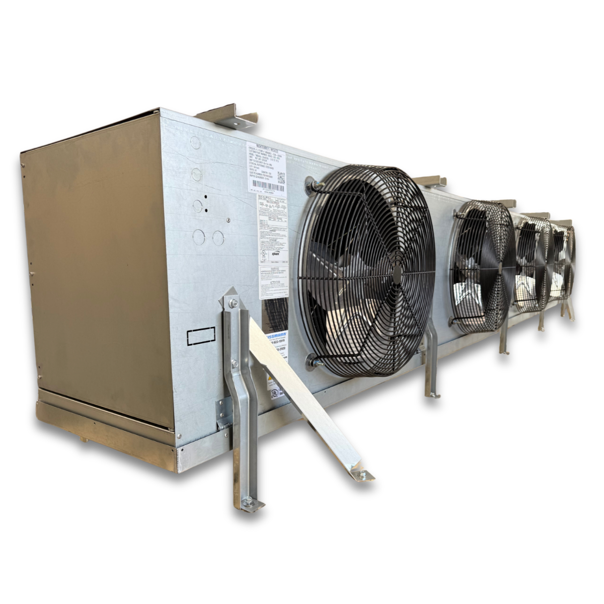 Krack MSD46A-0949RVB Air Defrost Evaporator — supplier gallery view 3; Silver evaporator with four fans front side view showing labels.
