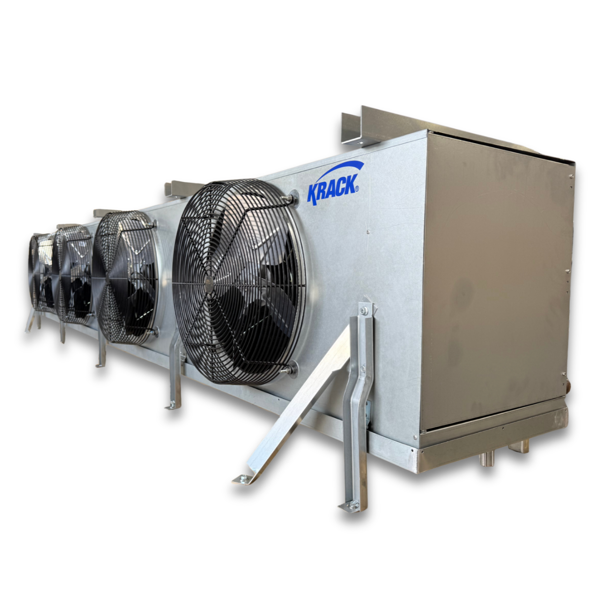 New 25 HP Medium Temp System, 3 phase 460 volt — supplier gallery view 5; Gray evaporator with four fans front side view showing labels.
