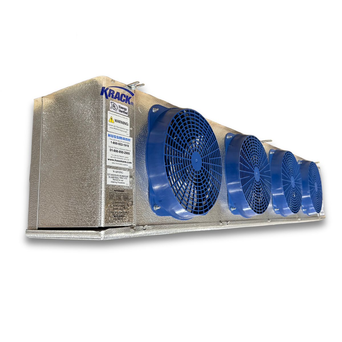 Krack KRD46E-180RVAA Electric Defrost Evaporator — supplier gallery view 3; Blue/gray evaporator with four fans front side view showing labels.