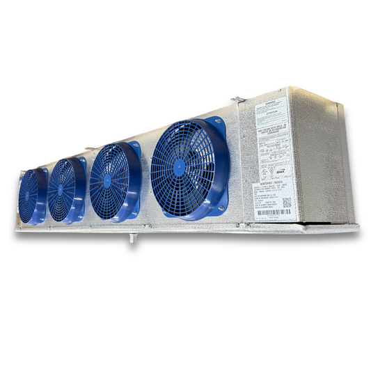Krack KRD46E-180RVAA Electric Defrost Evaporator — supplier gallery view 1; Blue/gray evaporator with four fans front side view showing labels.