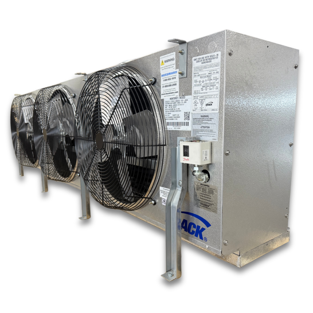 Krack MKD36E-0309RVKK Electric Defrost Evaporator — supplier gallery view 1; Silver evaporator with three fans front side view showing labels.