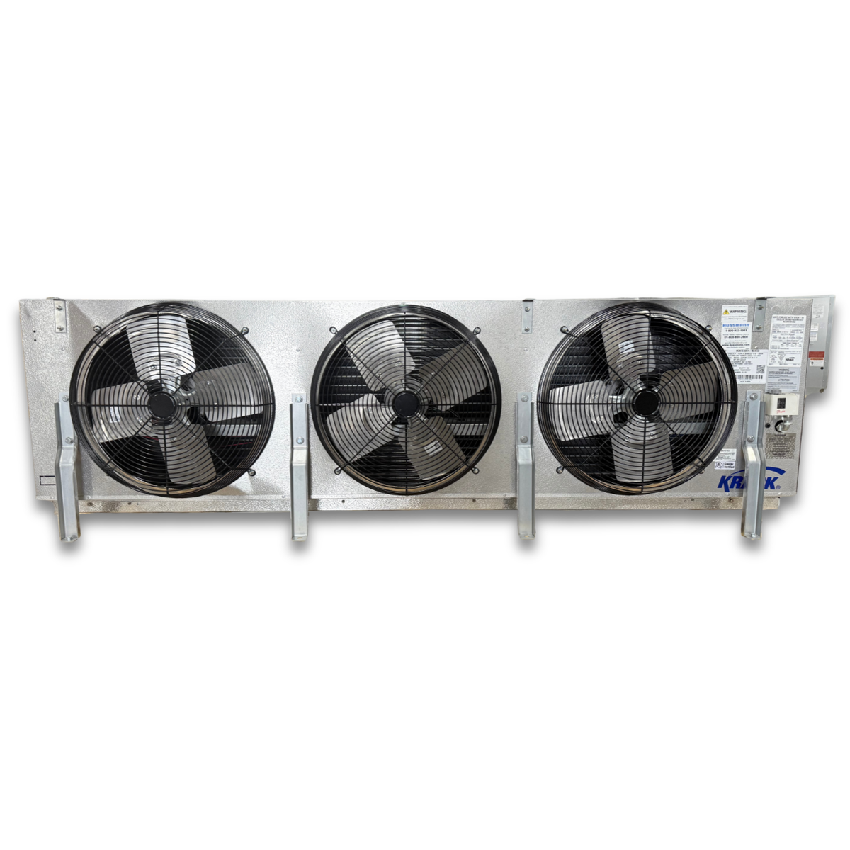 New 7.5 HP Krack Low Temp System, 3 phase 208-230 volt — supplier gallery view 6; Gray evaporator with three fans front view.