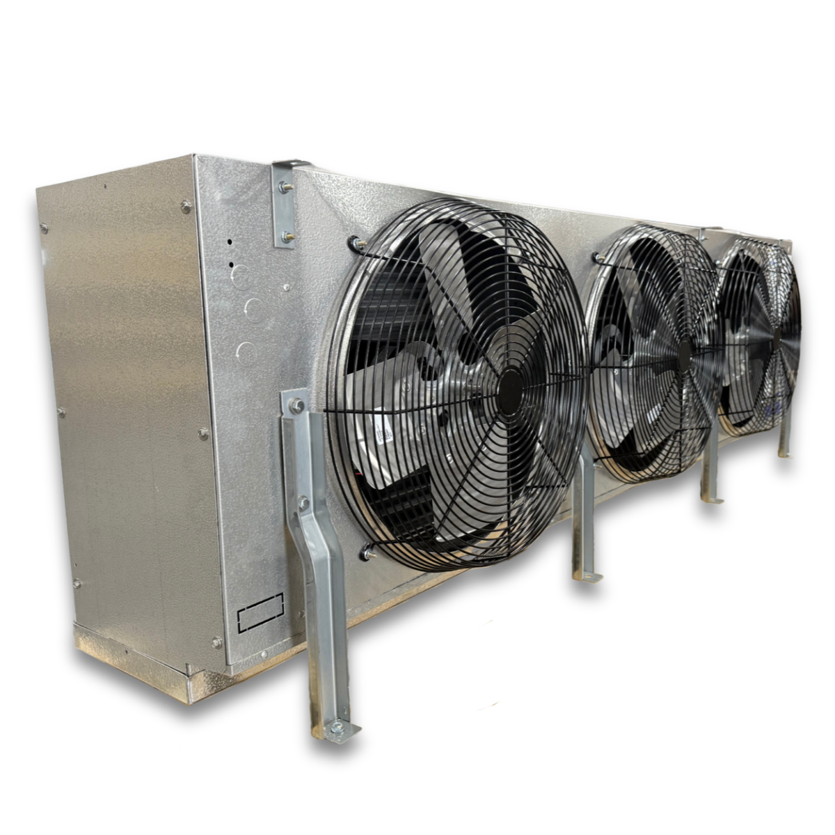 Krack MKD36E-0309RVKK Electric Defrost Evaporator — supplier gallery view 3; Silver evaporator with three fans front side view showing labels.