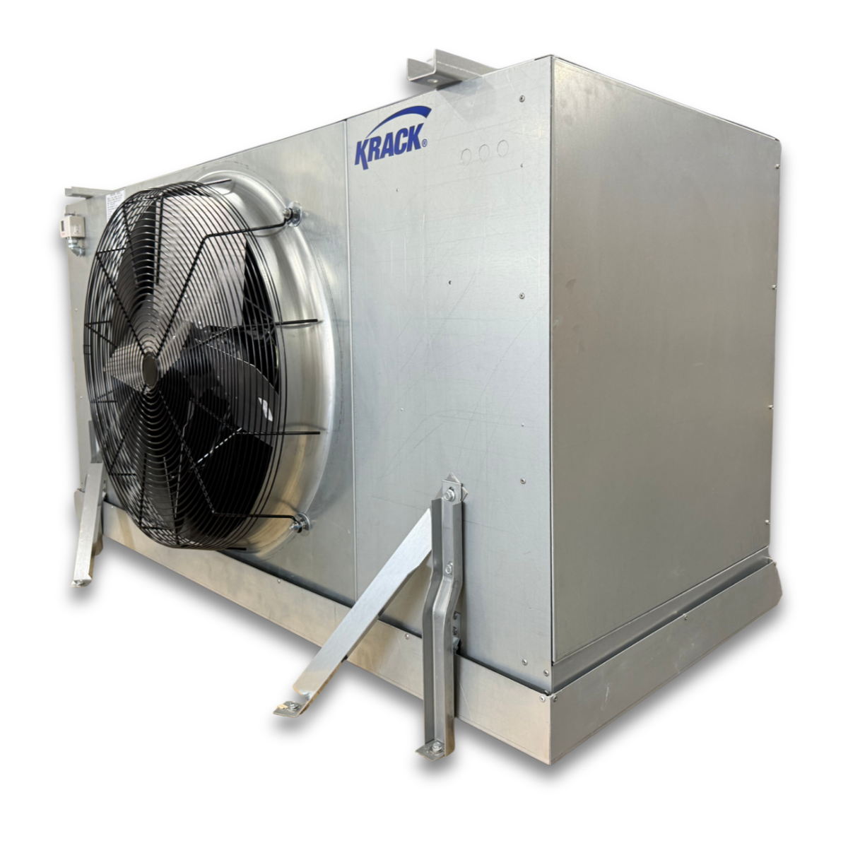 Krack SMD15E-0556RVMM Electric Defrost Evaporator — supplier gallery view 3; Silver evaporator with one fan front side view showing labels.