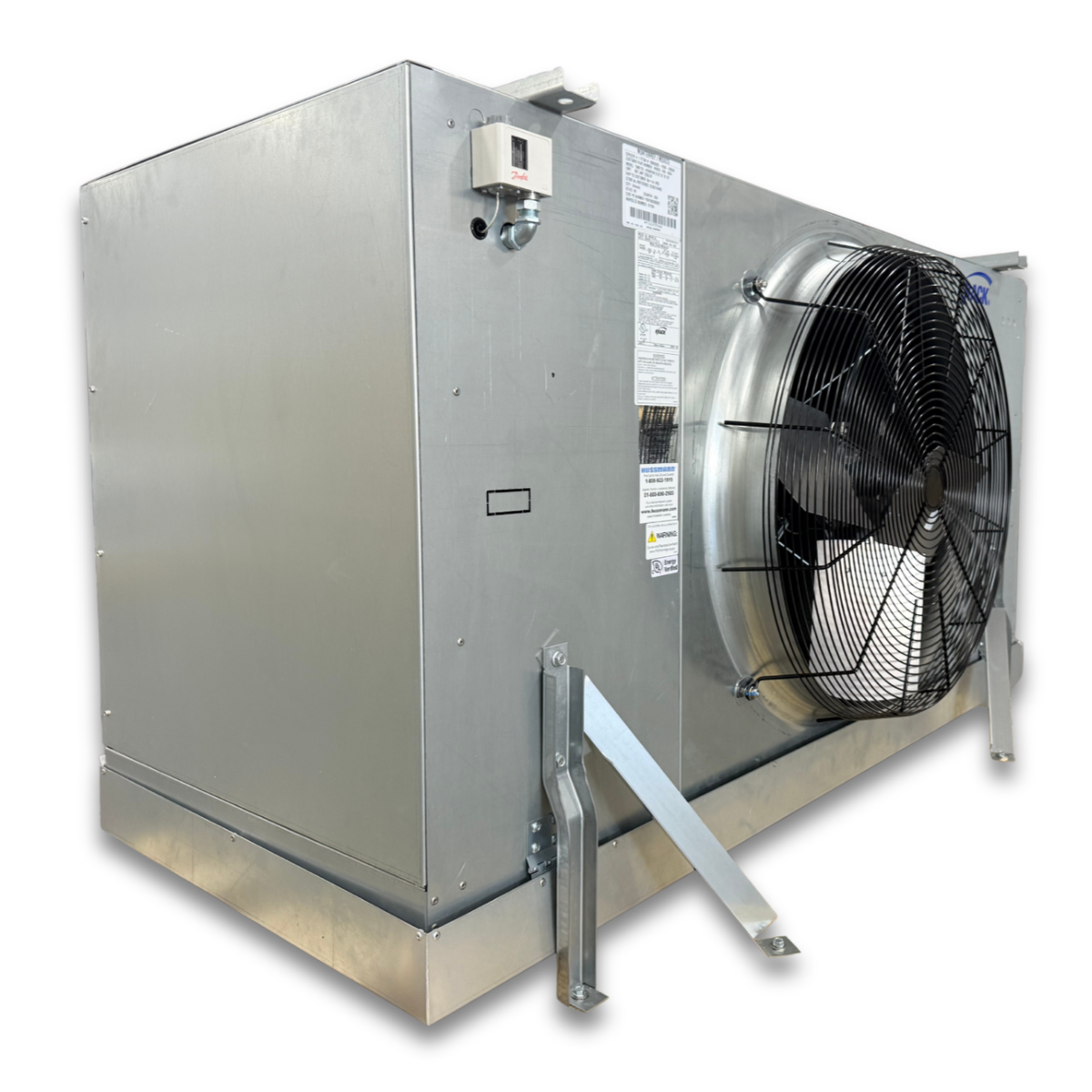 Krack SMD14E-0384RVMM Electric Defrost Evaporator — supplier gallery view 1; Silver evaporator with one fan front side view showing labels.