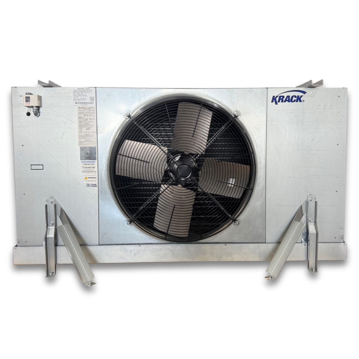 Krack SMD15E-0556RVMM Electric Defrost Evaporator — supplier gallery view 2; Silver evaporator with one fan front view.