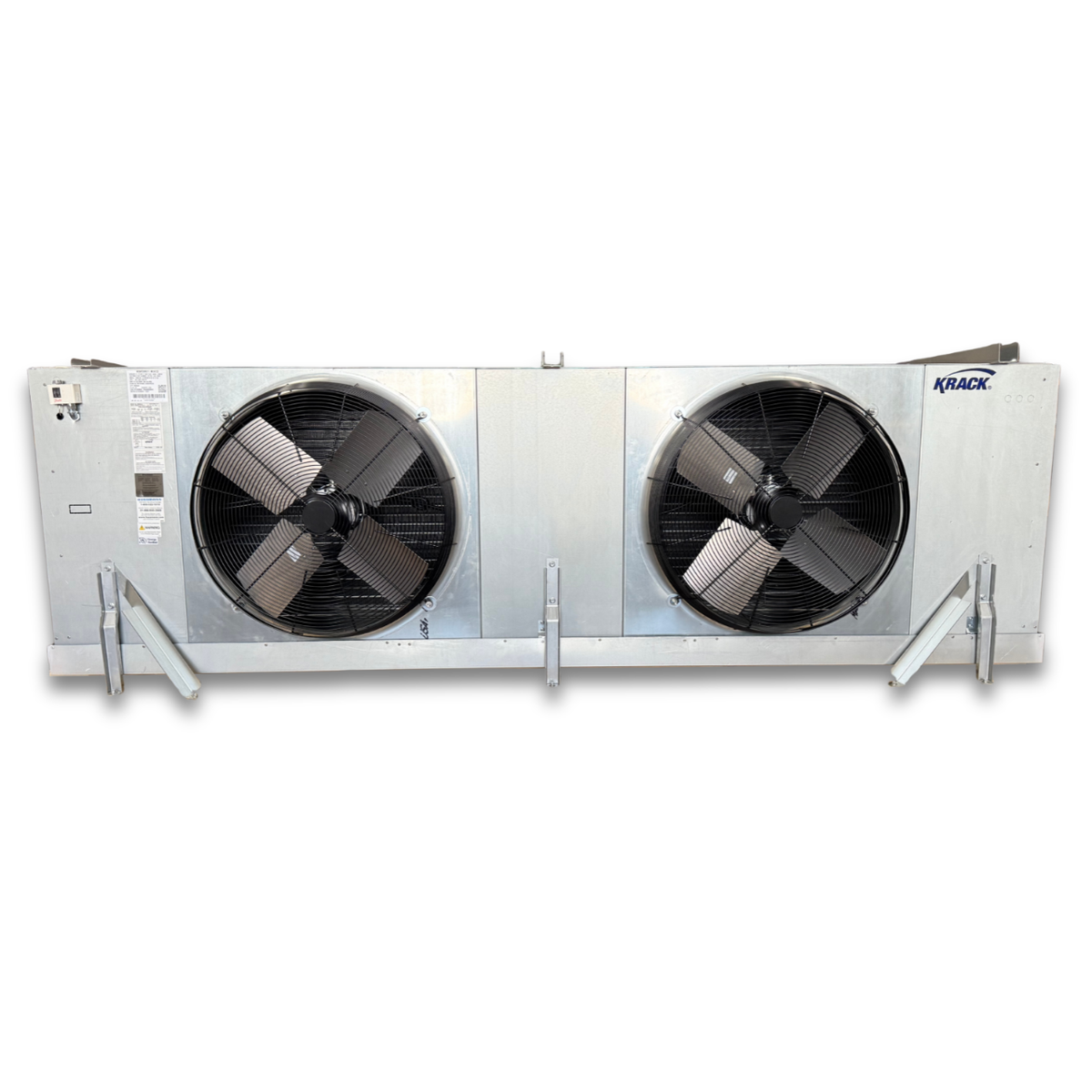 Krack SMD24E-0759RVMM Electric Defrost Evaporator — supplier gallery view 2; Silver evaporator with two fans front view.