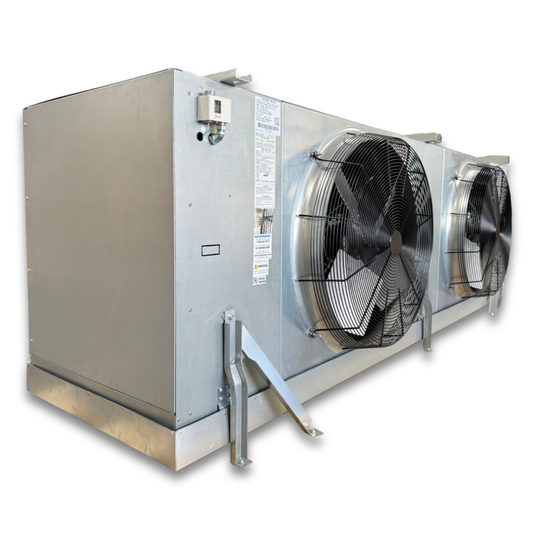 Krack SMD24E-0759RVMM Electric Defrost Evaporator — supplier gallery view 1; Silver evaporator with two fans front side view showing labels.