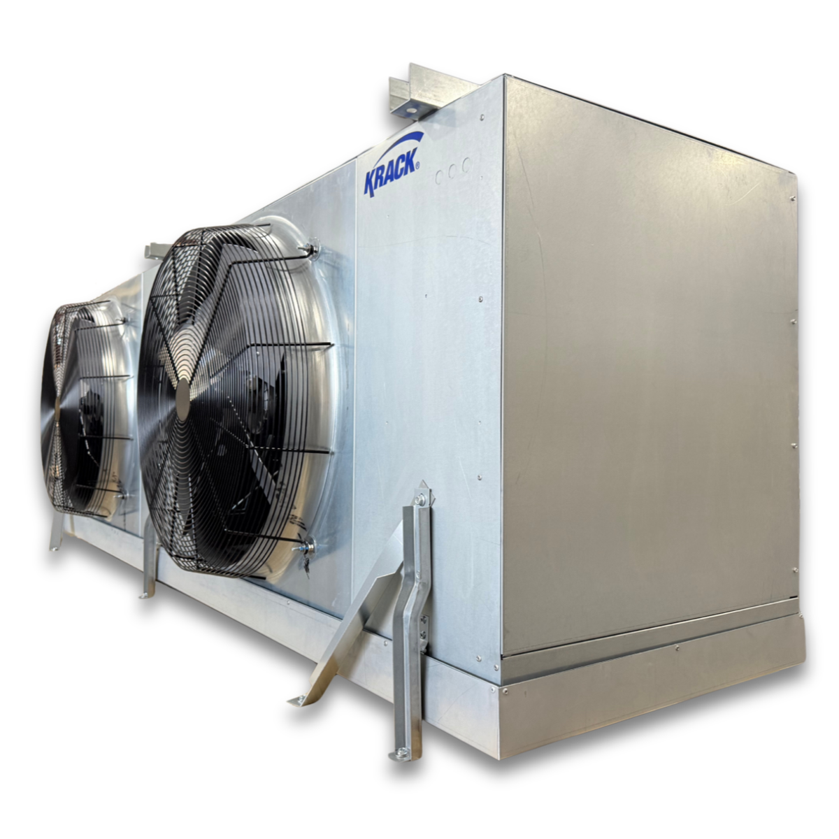 New Krack SMA26E-0869RCMM Evaporator #3021 — supplier gallery view 1; Silver evaporator with two fans front side view showing labels.