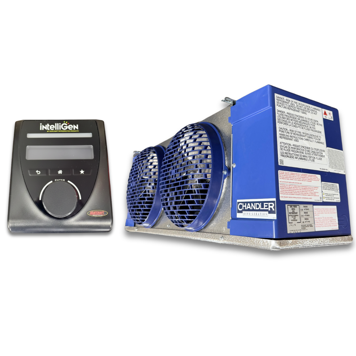 Chandler HEL0115AY6AMAG0210 Air Defrost Evaporator with IntelliGen — supplier gallery view 1; Blue/gray evaporator with two fans front side view showing labels with IntelliGen Controller.