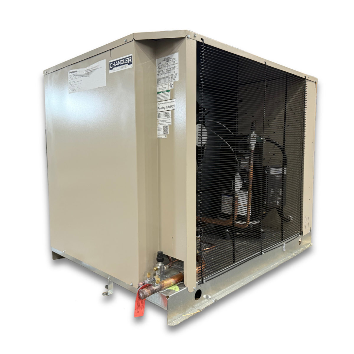New 10 HP Chandler Low Temp System, 3 phase 208-230 volt — supplier gallery view 2; Beige condensing unit front side view showing labels.