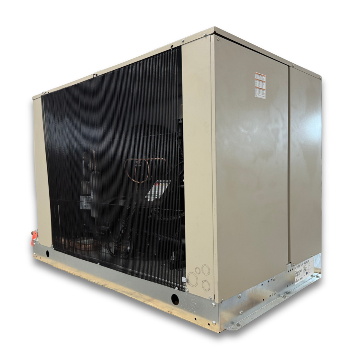 Chandler HCH0150LCBCDA0303 15 HP Low Temp Condensing Unit — supplier gallery view 3; Beige condensing unit with front side view showing labels.