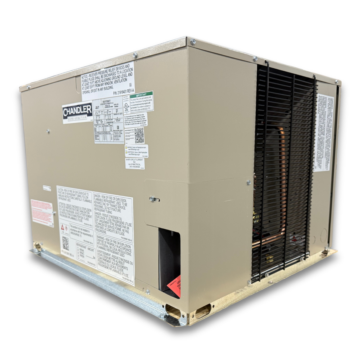 New 2 HP Low Temp System, 1 phase 208-230 volt — supplier gallery view 2; Beige condensing unit front side view showing labels.