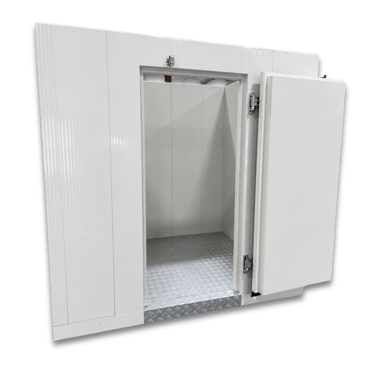 Barr 6'7" x 8'3" x 8'2"H Walk-In Freezer Room with Floor — supplier gallery view 2; White walk-in commercial freezer with an open door revealing a textured floor