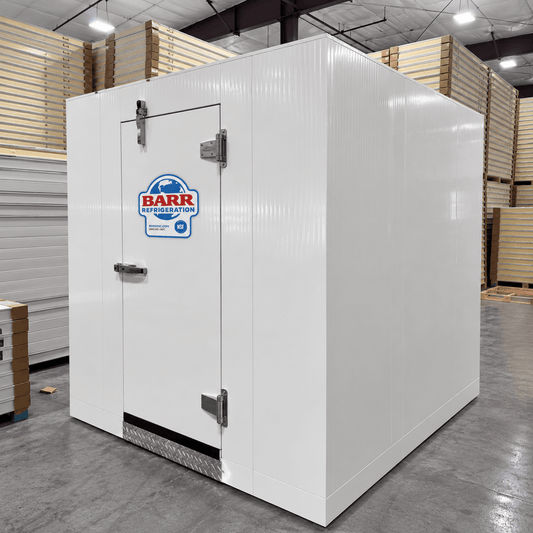 Barr 8'3" x 8'3" x 8'2"H Walk-In Freezer Room with Floor — supplier gallery view 1; White walk-in commercial freezer front left view