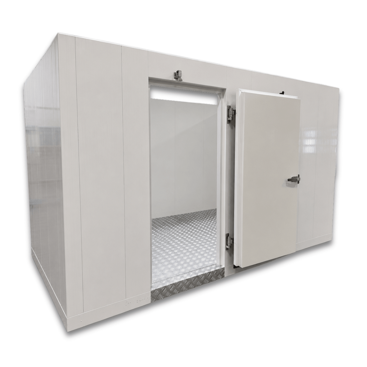 Barr 8'3" x 14'10" x 8'2"H Walk-In Freezer Room with Floor — supplier gallery view 2; White walk-in commercial freezer front left view with door open