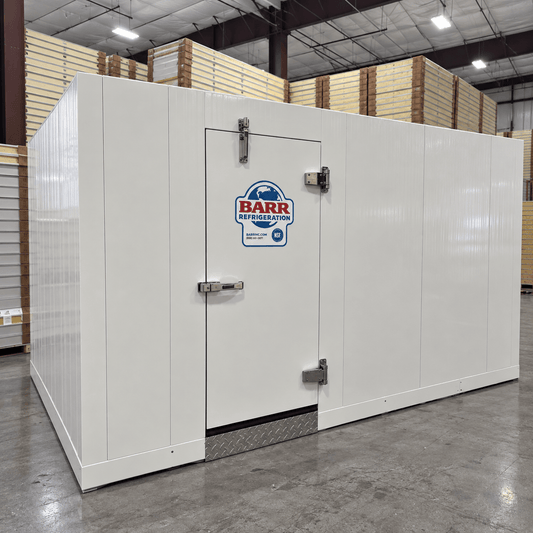 Barr 8'3" x 14'10" x 8'2"H Walk-In Freezer Room with Floor — supplier gallery view 1; White walk-in commercial freezer front left view