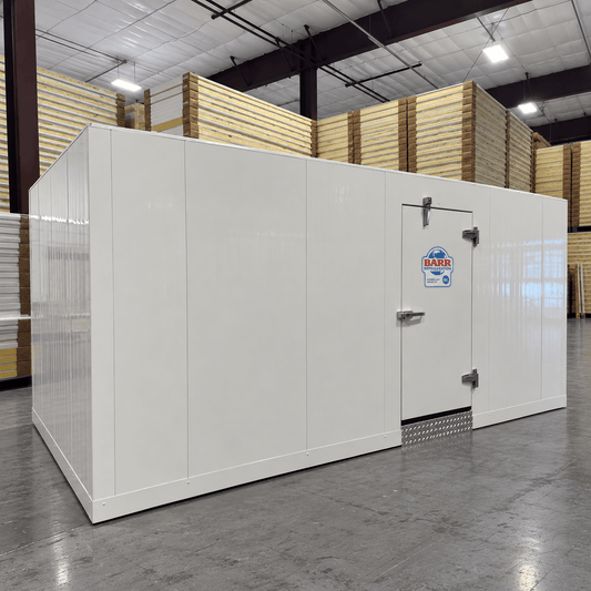 Barr 8'3" x 18'1" x 8'2"H Walk-In Freezer Room with Floor — supplier gallery view 1; White walk-in freezer unit with floor, closed hinged door, and insulated panel walls