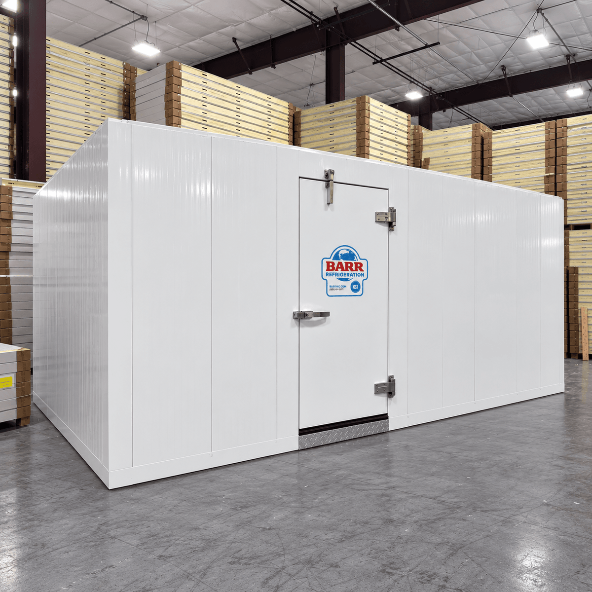 Barr 8'3" x 21'4" x 8'2"H Walk-In Freezer Room with Floor — supplier gallery view 1; White walk-in commercial freezer with closed door