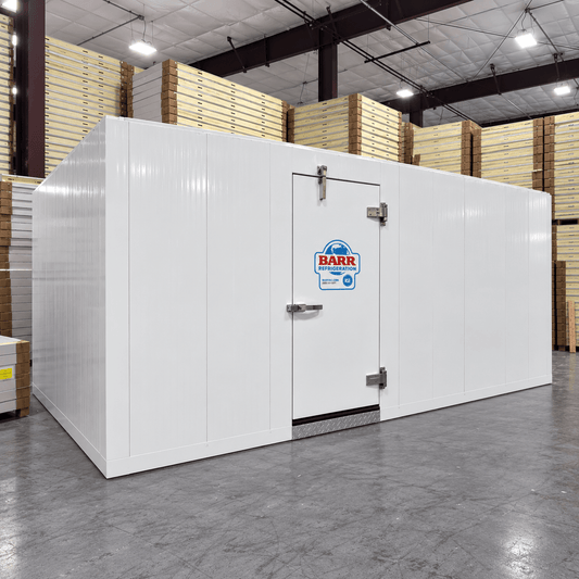 Barr 8'3" x 21'4" x 8'2"H Walk-In Freezer Room with Floor — supplier gallery view 1; White walk-in commercial freezer with closed door