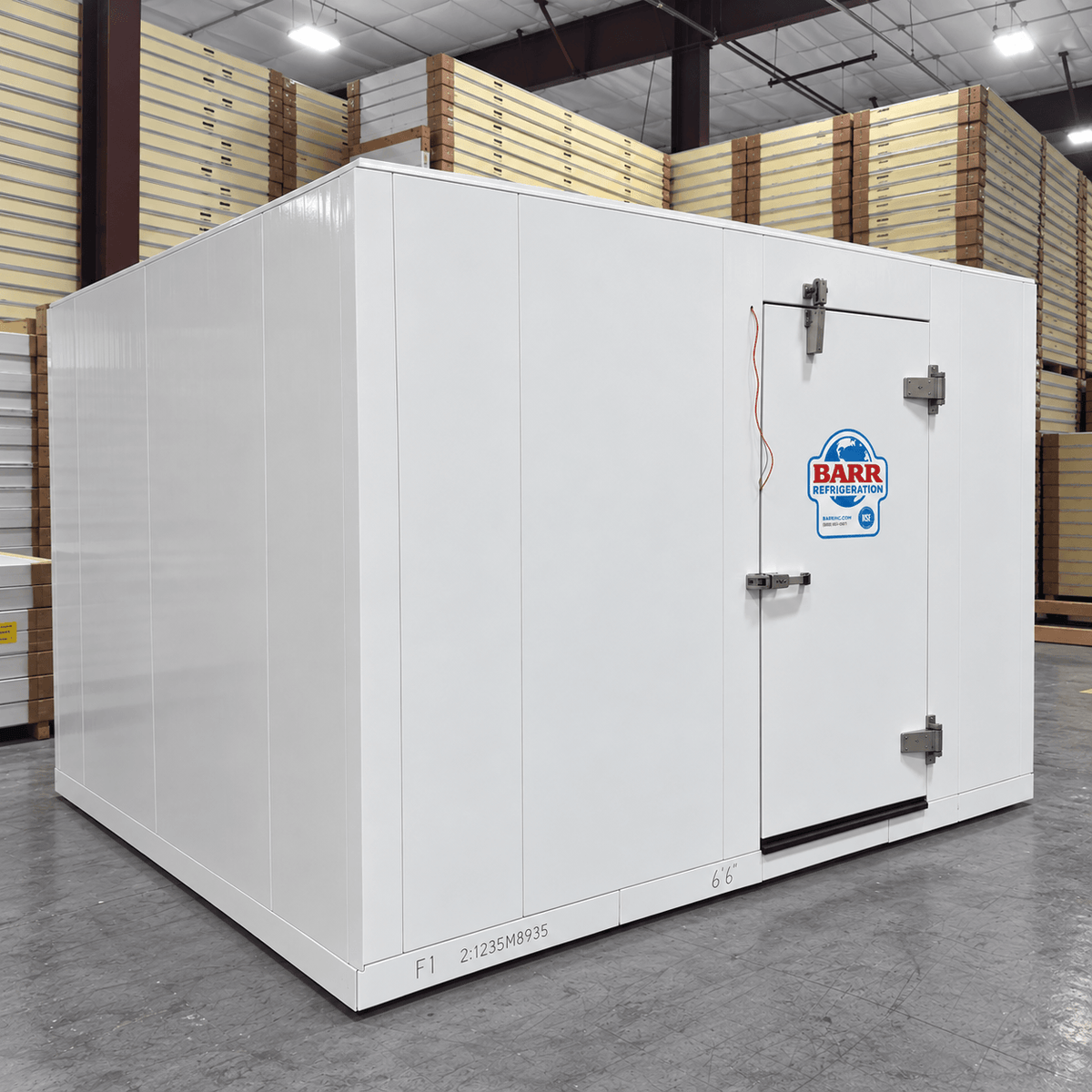 Barr 9'10" x 9'10" x 8'2"H Walk-In Freezer Room with Floor — supplier gallery view 1; White walk-in commercial freezer with closed door