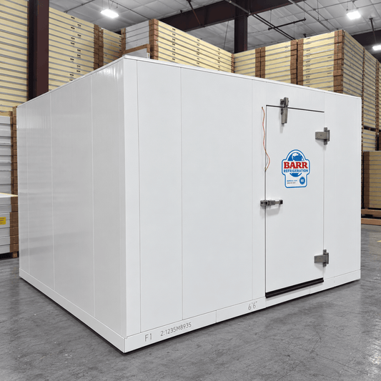 Barr 9'10" x 9'10" x 8'2"H Walk-In Freezer Room with Floor — supplier gallery view 1; White walk-in commercial freezer with closed door
