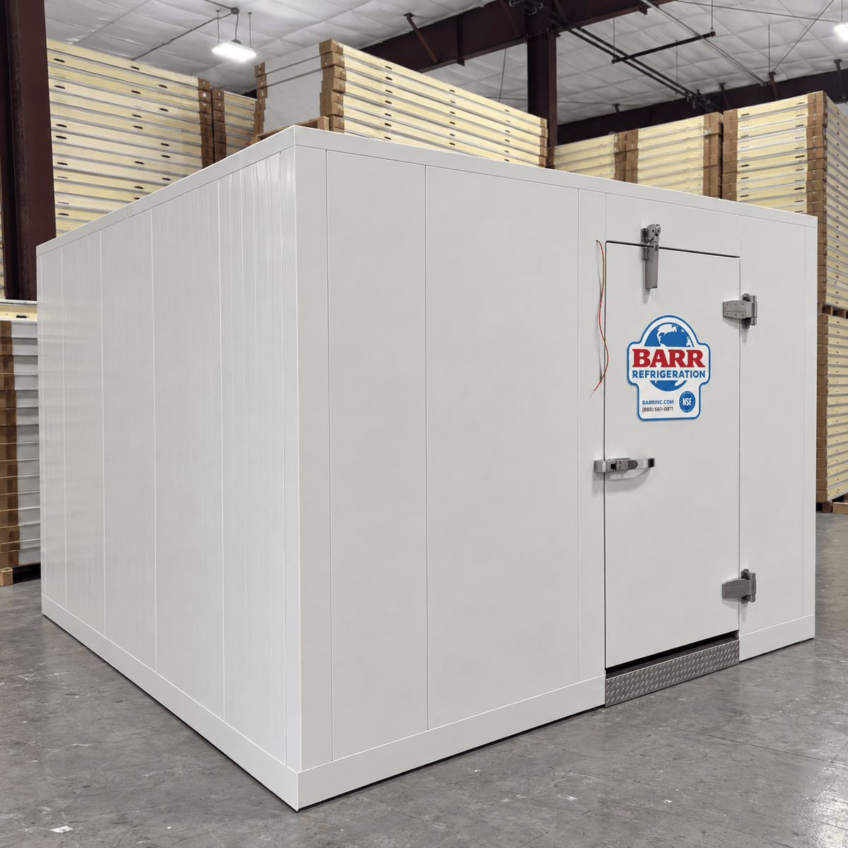 Barr 9'10" x 11'6" x 8'2"H Walk-In Freezer Room with Floor — supplier gallery view 1; White walk-in commercial freezer with closed door view