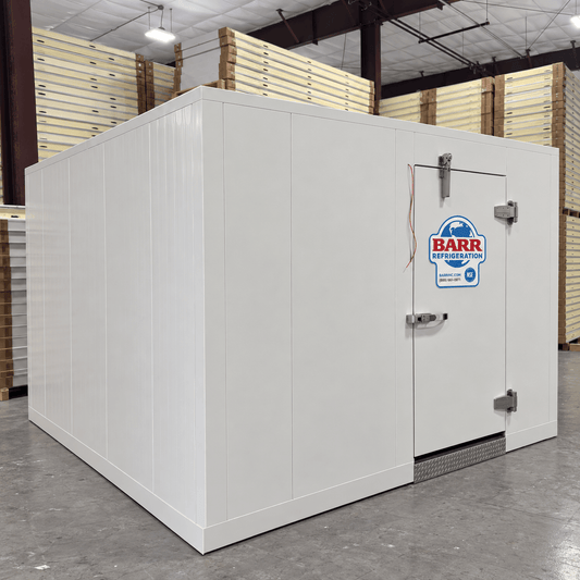 Barr 9'10" x 11'6" x 8'2"H Walk-In Freezer Room with Floor — supplier gallery view 1; White walk-in commercial freezer with closed door view