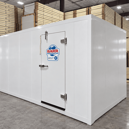 Barr 9'10" x 21'4" x 8'2"H Walk-In Freezer Room with Floor — supplier gallery view 1; White walk in freezer with ceiling panels