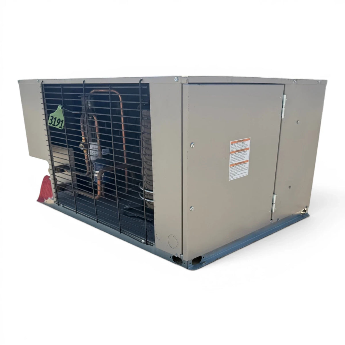 Used Climate Control CCH0025LCACZA0200 2.5 HP Condensing Unit #3191 — supplier gallery view 3; Front-right view of the used Climate Control CCH0025LCACZA0200 2.5 HP condensing unit #3191, showing the cabinet access panel and warning label.