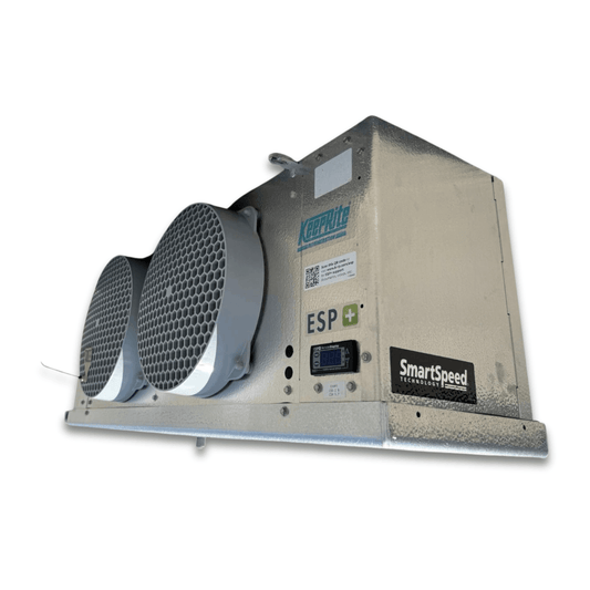 Used Keeprite KLP-214MES2DA167 Electric Defrost Evaporator - 11533 — supplier gallery view 1; Front-right view of the used Keeprite KLP-214MES2DA167 electric defrost evaporator #3381, showing the cabinet side panel and rating labels.