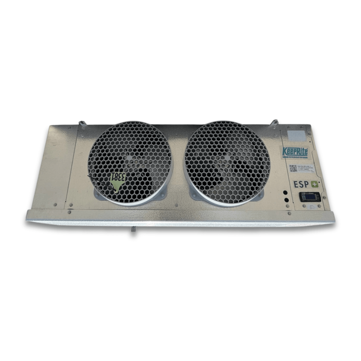 Used Keeprite KLP-214MES2DA167 Electric Defrost Evaporator - 11533 — supplier gallery view 2; Straight-on view of the used Keeprite KLP-214MES2DA167 electric defrost evaporator #3381, showing the twin honeycomb fan grilles and inventory tag #3381.